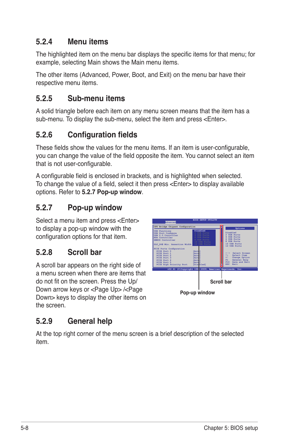 4 menu items, 5 sub-menu items, 6 configuration fields | 7 pop-up window, 8 scroll bar, 9 general help, Menu items -8, Sub-menu items -8, Configuration fields -8, Pop-up window -8 | Asus TS300-E6/PS4 User Manual | Page 80 / 168