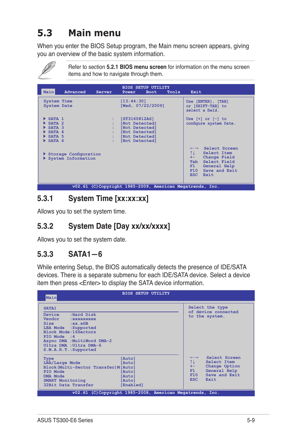 3 main menu, 1 system time [xx:xx:xx, 2 system date [day xx/xx/xxxx | 3 sata1—6, Main menu -9 5.3.1, System time -9, System date -9, Sata1—6 -9, Allows you to set the system time, Allows you to set the system date | Asus TS300-E6/PS4 User Manual | Page 81 / 168