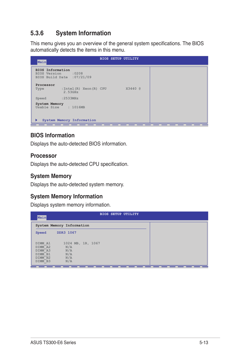6 system information, System information -13, Bios information | Processor, Displays the auto-detected bios information, Displays the auto-detected cpu specification | Asus TS300-E6/PS4 User Manual | Page 85 / 168