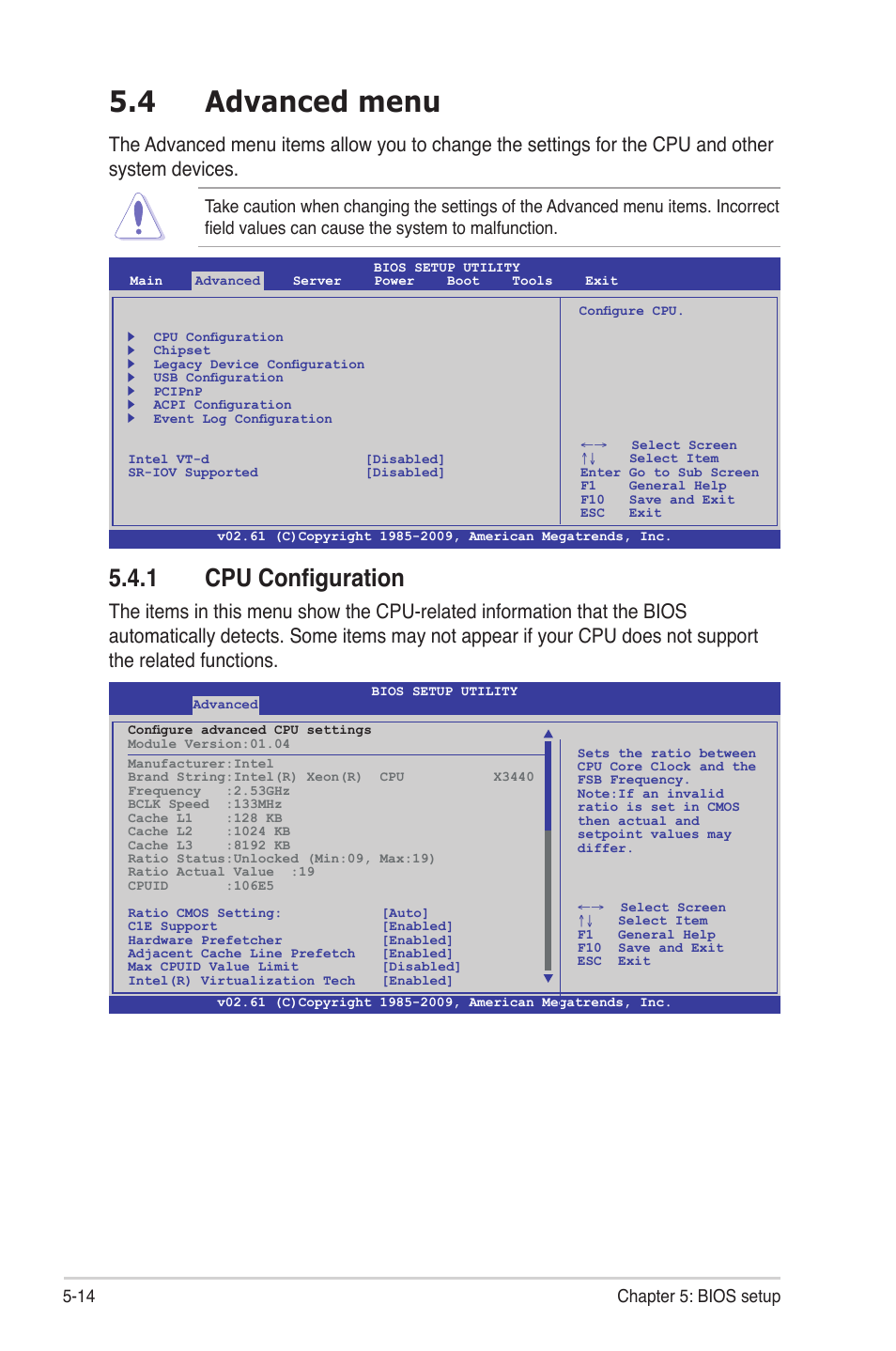 4 advanced menu, 1 cpu configuration, Advanced menu -14 5.4.1 | Cpu configuration -14, 14 chapter 5: bios setup | Asus TS300-E6/PS4 User Manual | Page 86 / 168