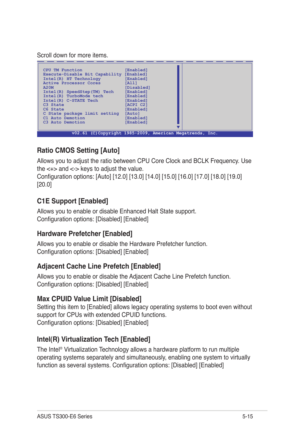 Ratio cmos setting [auto, C1e support [enabled, Hardware prefetcher [enabled | Adjacent cache line prefetch [enabled, Max cpuid value limit [disabled, Intel(r) virtualization tech [enabled, The intel | Asus TS300-E6/PS4 User Manual | Page 87 / 168