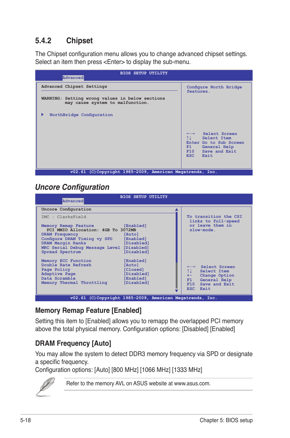 2 chipset, Chipset -18, Uncore configuration | Dram frequency [auto, 18 chapter 5: bios setup | Asus TS300-E6/PS4 User Manual | Page 90 / 168