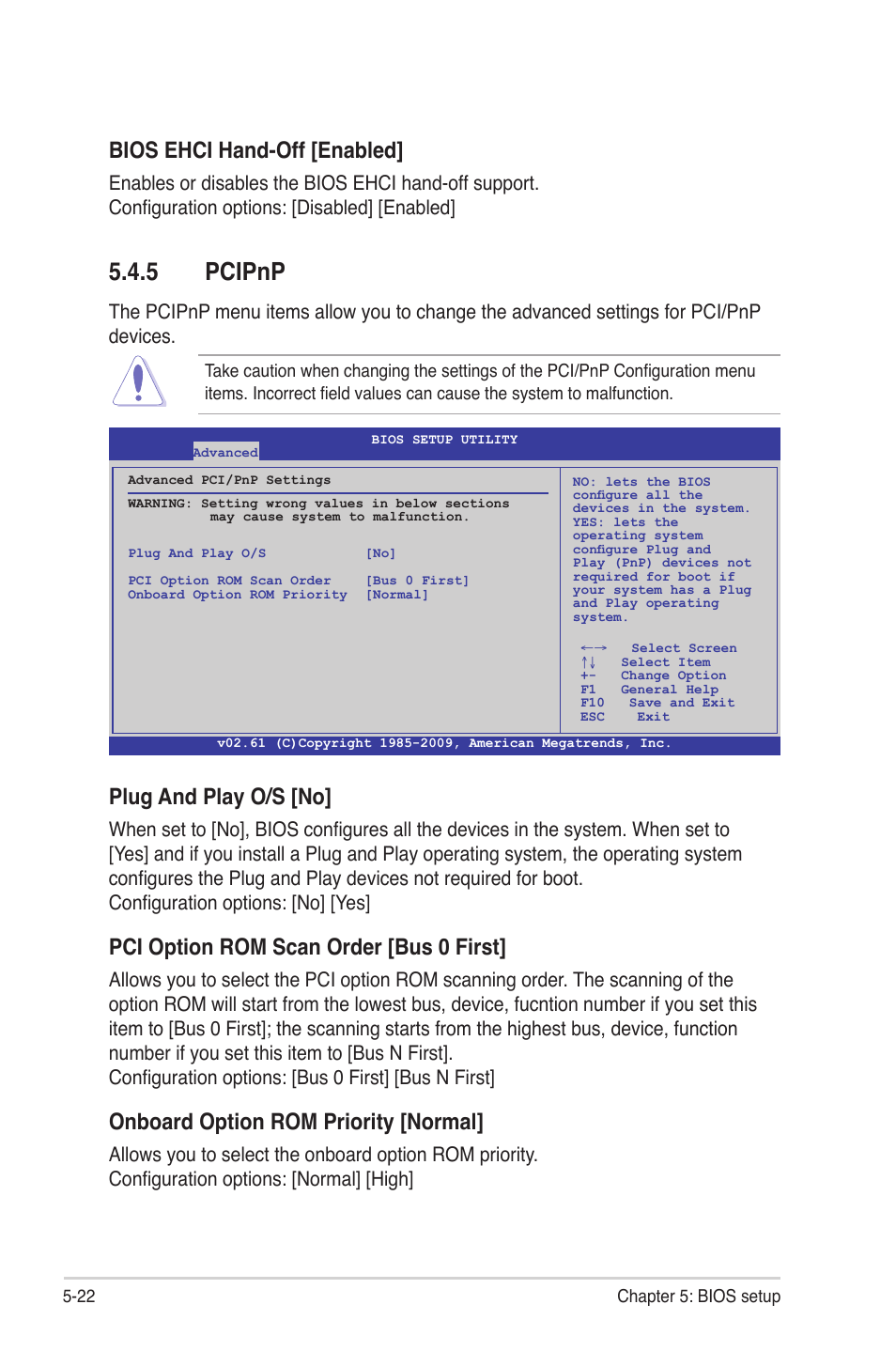 5 pcipnp, Pcipnp -22, Bios ehci hand-off [enabled | Plug and play o/s [no, Pci option rom scan order [bus 0 first, Onboard option rom priority [normal | Asus TS300-E6/PS4 User Manual | Page 94 / 168