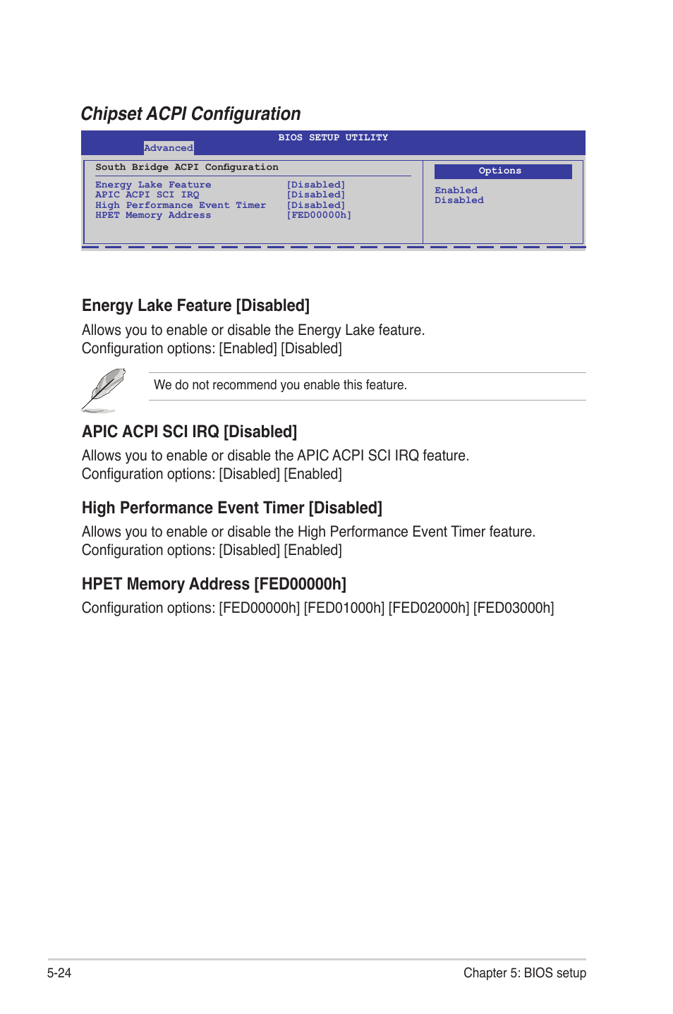 Chipset acpi configuration, Energy lake feature [disabled, Apic acpi sci irq [disabled | High performance event timer [disabled | Asus TS300-E6/PS4 User Manual | Page 96 / 168