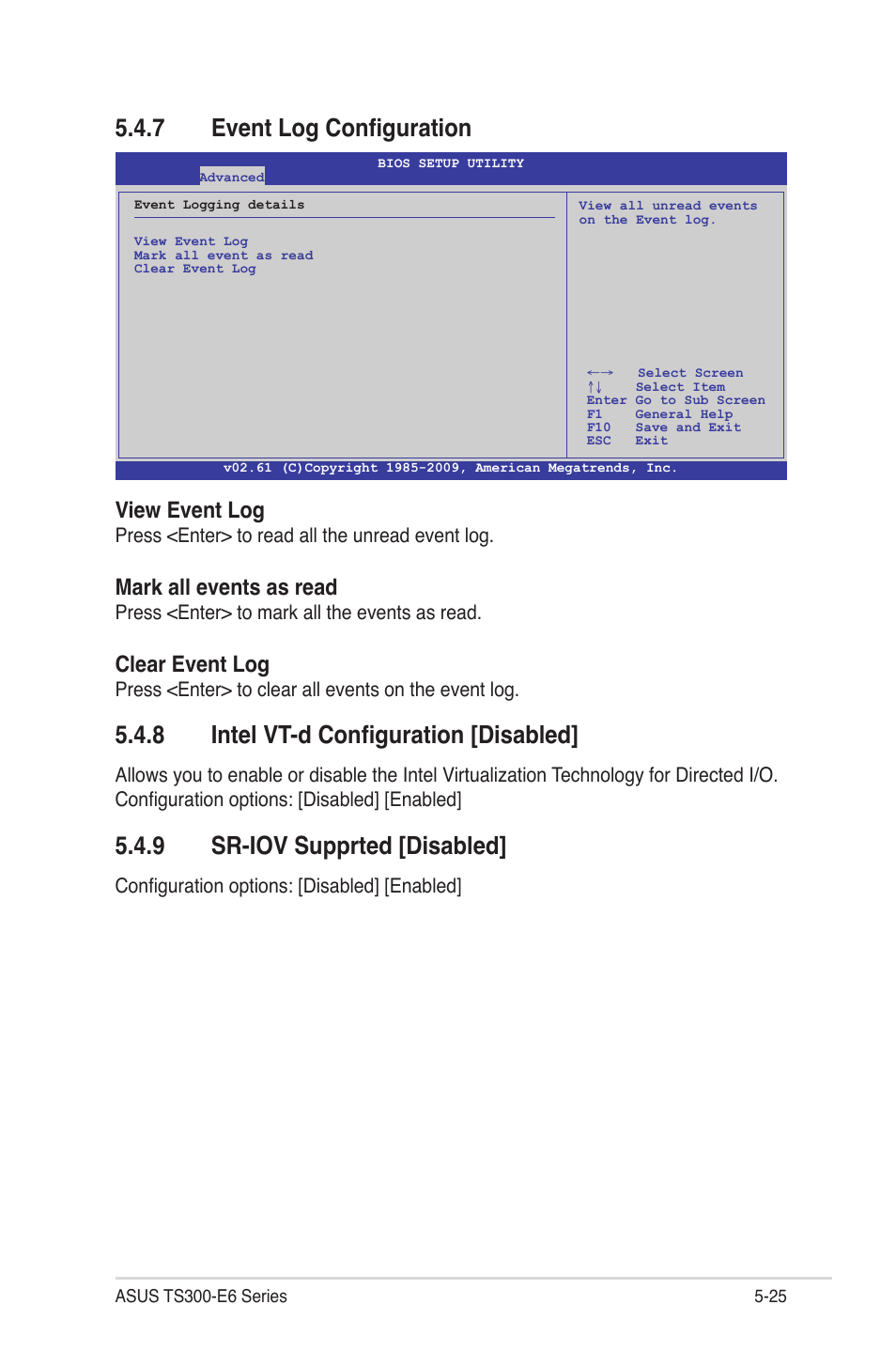 7 event log configuration, 8 intel vt-d configuration [disabled, 9 sr-iov supprted [disabled | Event log configuration -25, Intel vt-d configuration -25, Sr-iov supprted -25, View event log, Mark all events as read, Clear event log | Asus TS300-E6/PS4 User Manual | Page 97 / 168