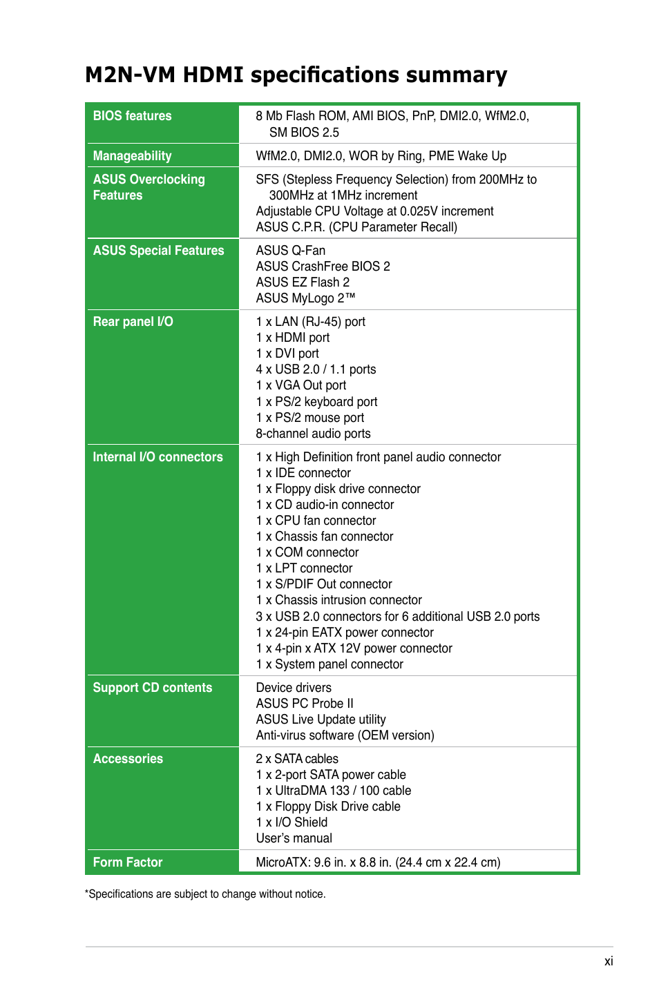 M2n-vm hdmi specifications summary | Asus M2N-VM HDMI User Manual | Page 11 / 98