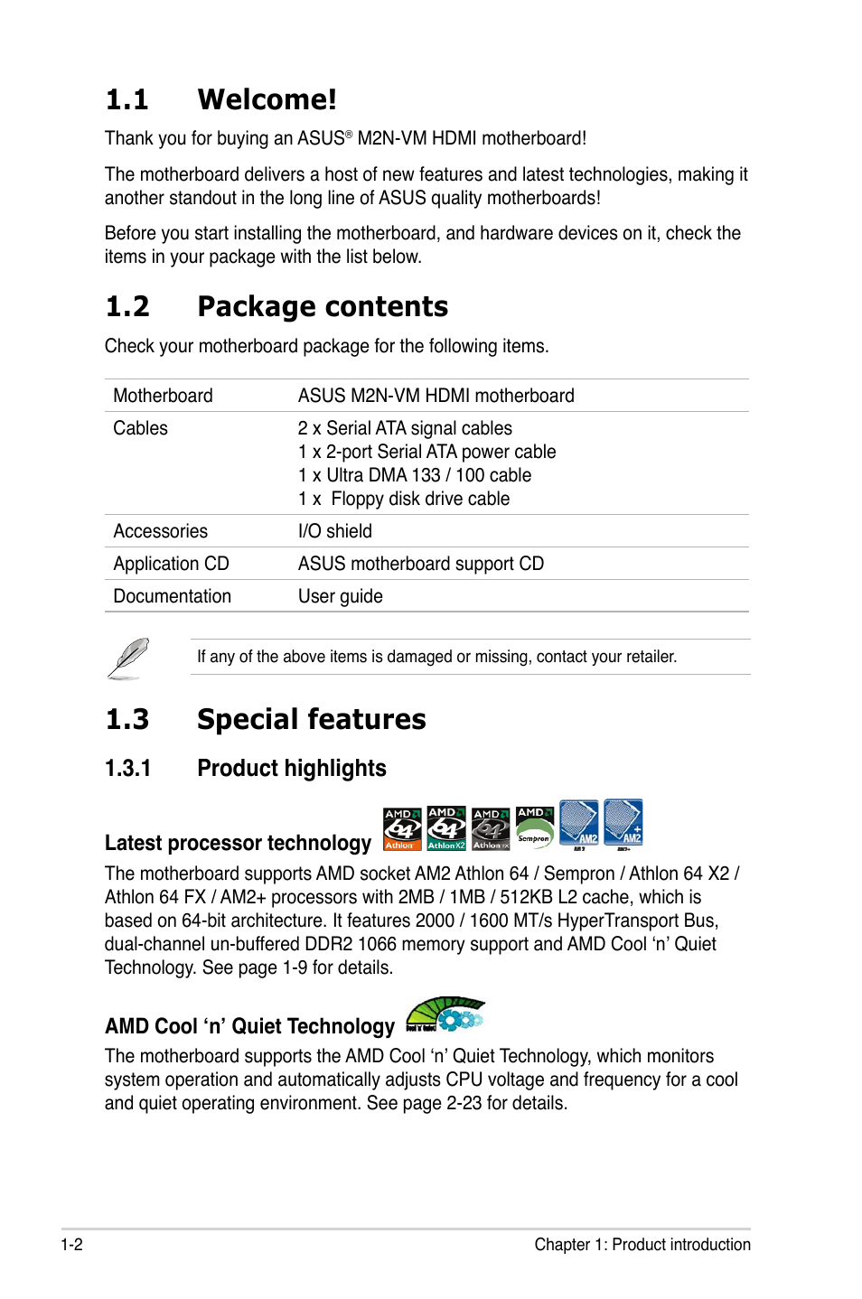 1 welcome, 2 package contents, 3 special features | Asus M2N-VM HDMI User Manual | Page 14 / 98