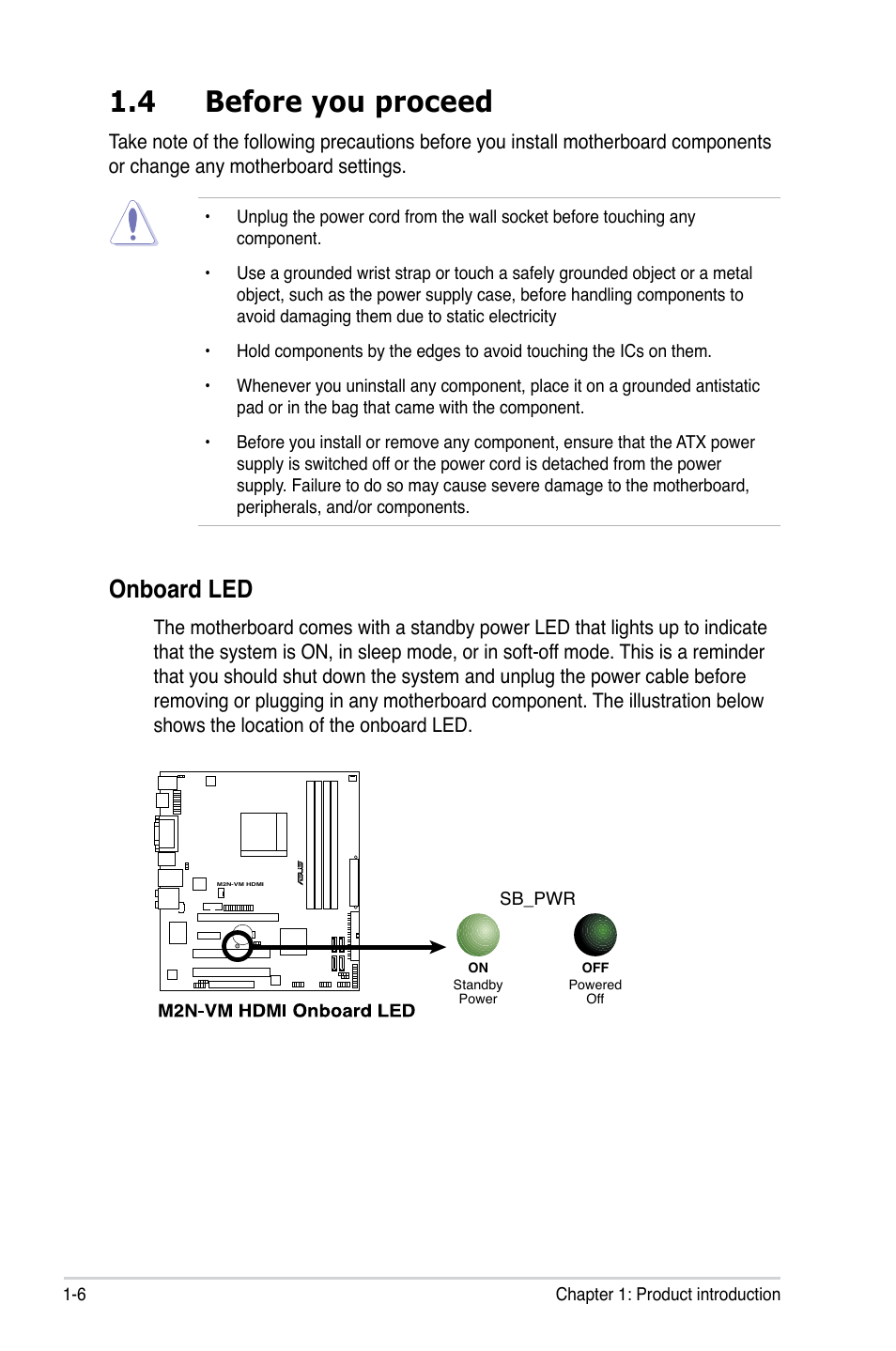 4 before you proceed, Onboard led | Asus M2N-VM HDMI User Manual | Page 18 / 98