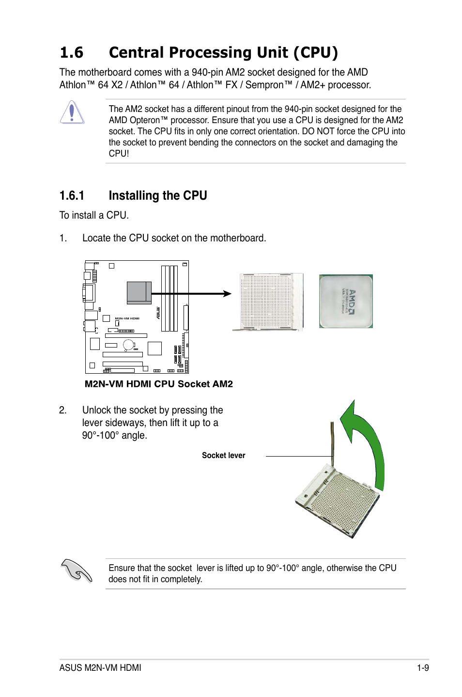 6 central processing unit (cpu), 1 installing the cpu | Asus M2N-VM HDMI User Manual | Page 21 / 98