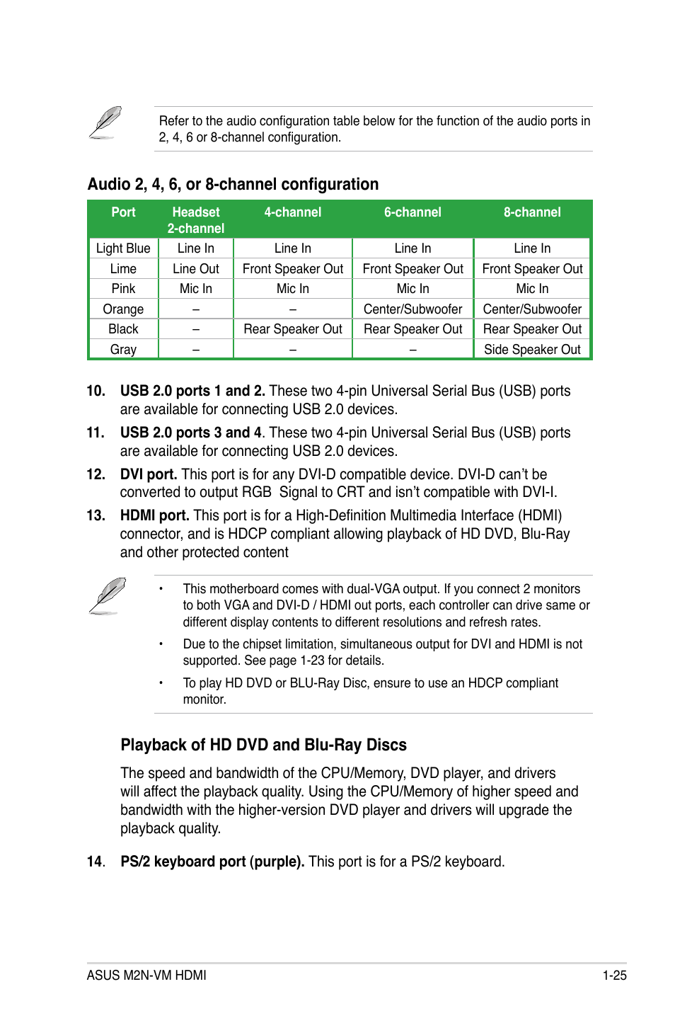 Playback of hd dvd and blu-ray discs, Audio 2, 4, 6, or 8-channel configuration | Asus M2N-VM HDMI User Manual | Page 37 / 98