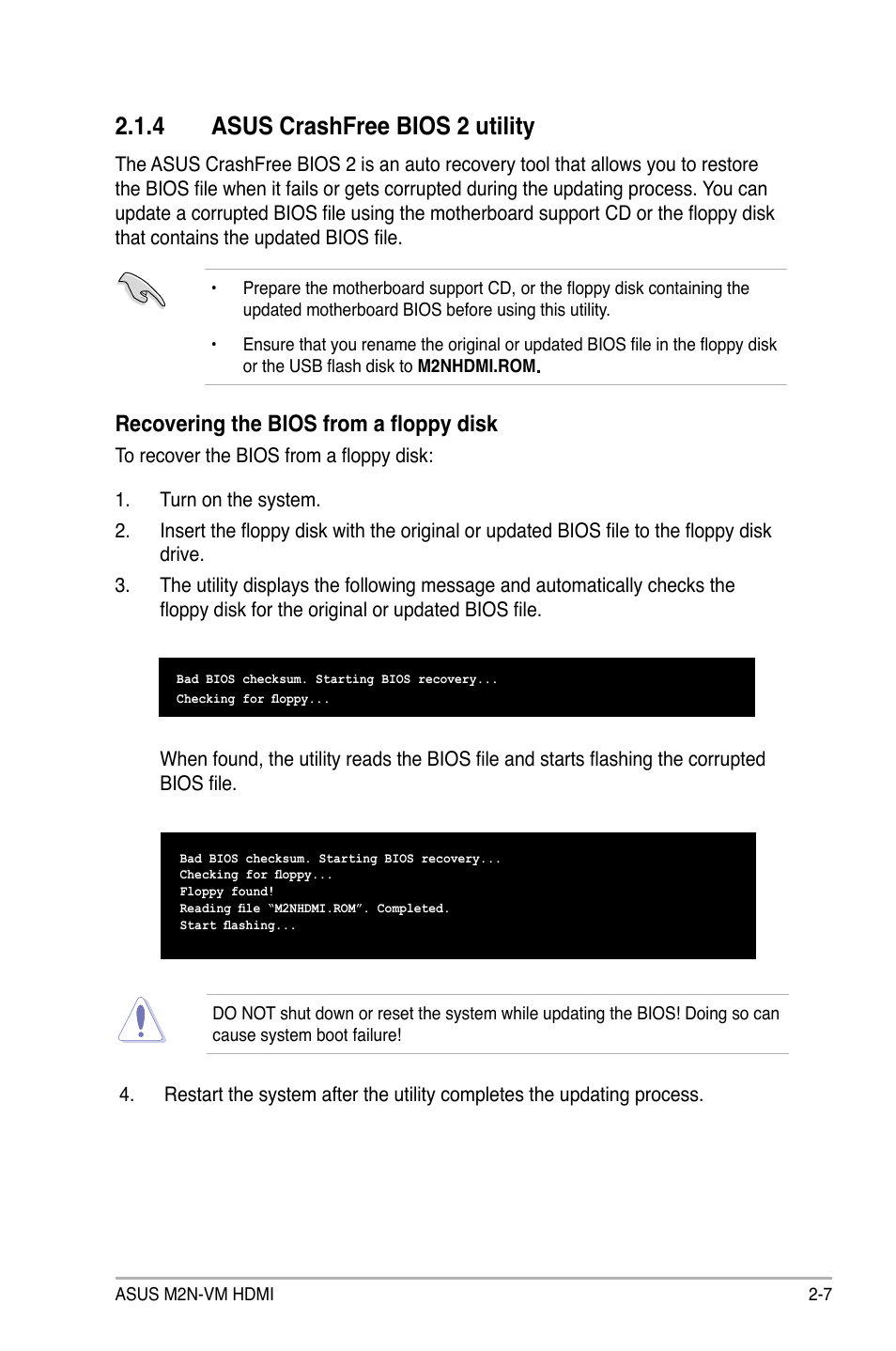 4 asus crashfree bios 2 utility, Recovering the bios from a floppy disk | Asus M2N-VM HDMI User Manual | Page 53 / 98