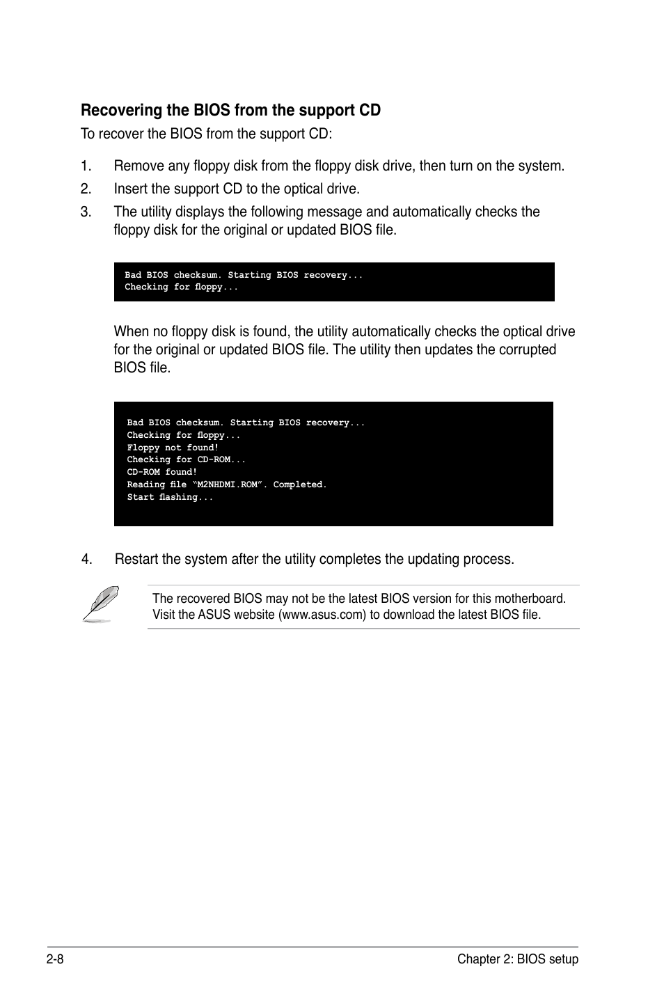 Recovering the bios from the support cd | Asus M2N-VM HDMI User Manual | Page 54 / 98