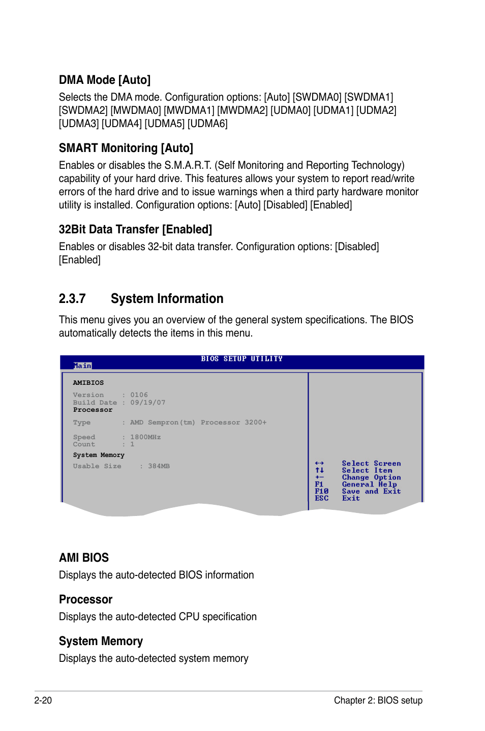 7 system information, Dma mode [auto, Smart monitoring [auto | 32bit data transfer [enabled, Ami bios, Processor | Asus M2N-VM HDMI User Manual | Page 66 / 98