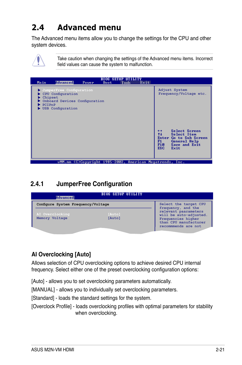 4 advanced menu, 1 jumperfree configuration, Ai overclocking [auto | Asus M2N-VM HDMI User Manual | Page 67 / 98