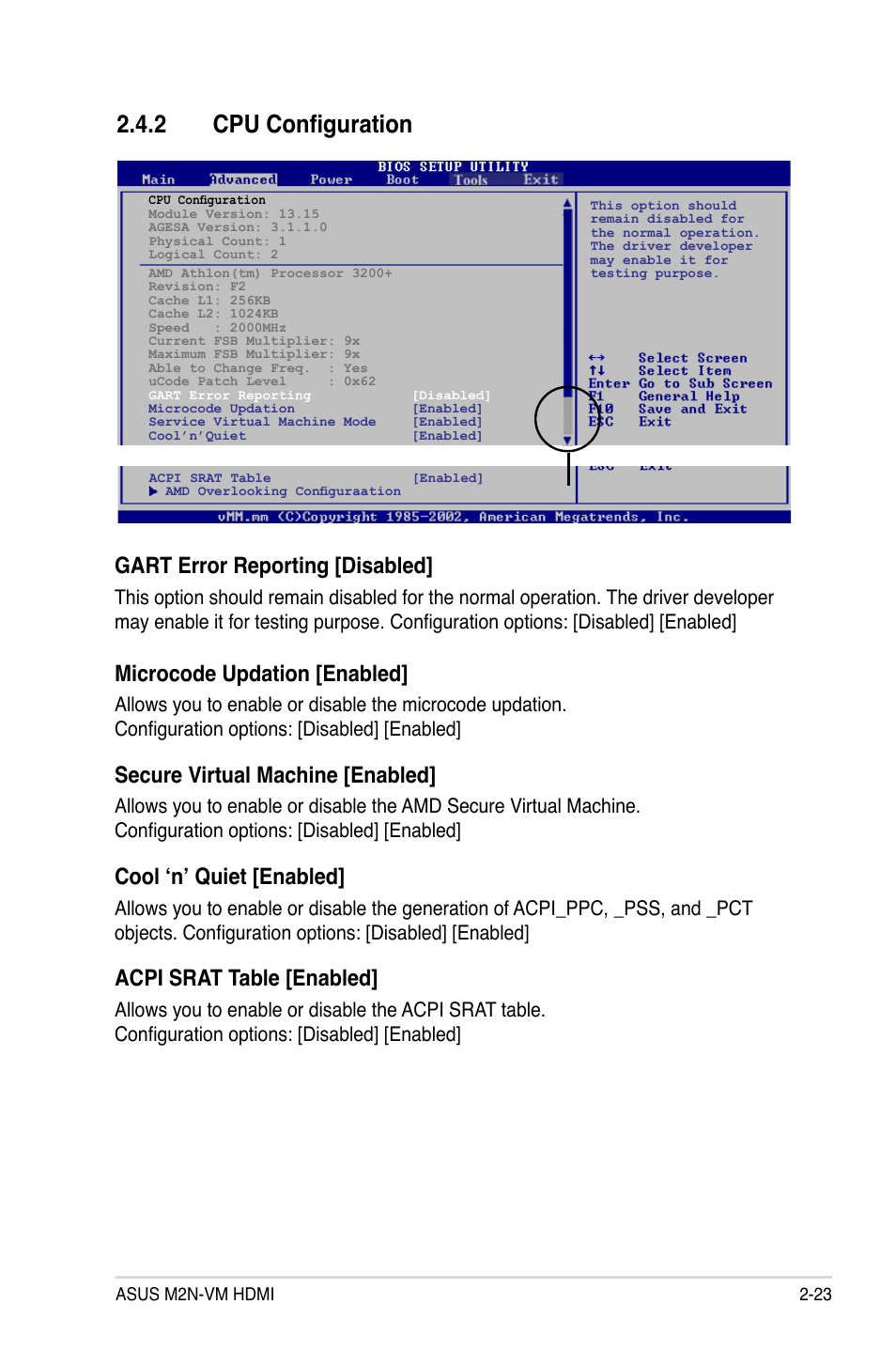 2 cpu configuration, Gart error reporting [disabled, Microcode updation [enabled | Secure virtual machine [enabled, Cool ‘n’ quiet [enabled, Acpi srat table [enabled | Asus M2N-VM HDMI User Manual | Page 69 / 98