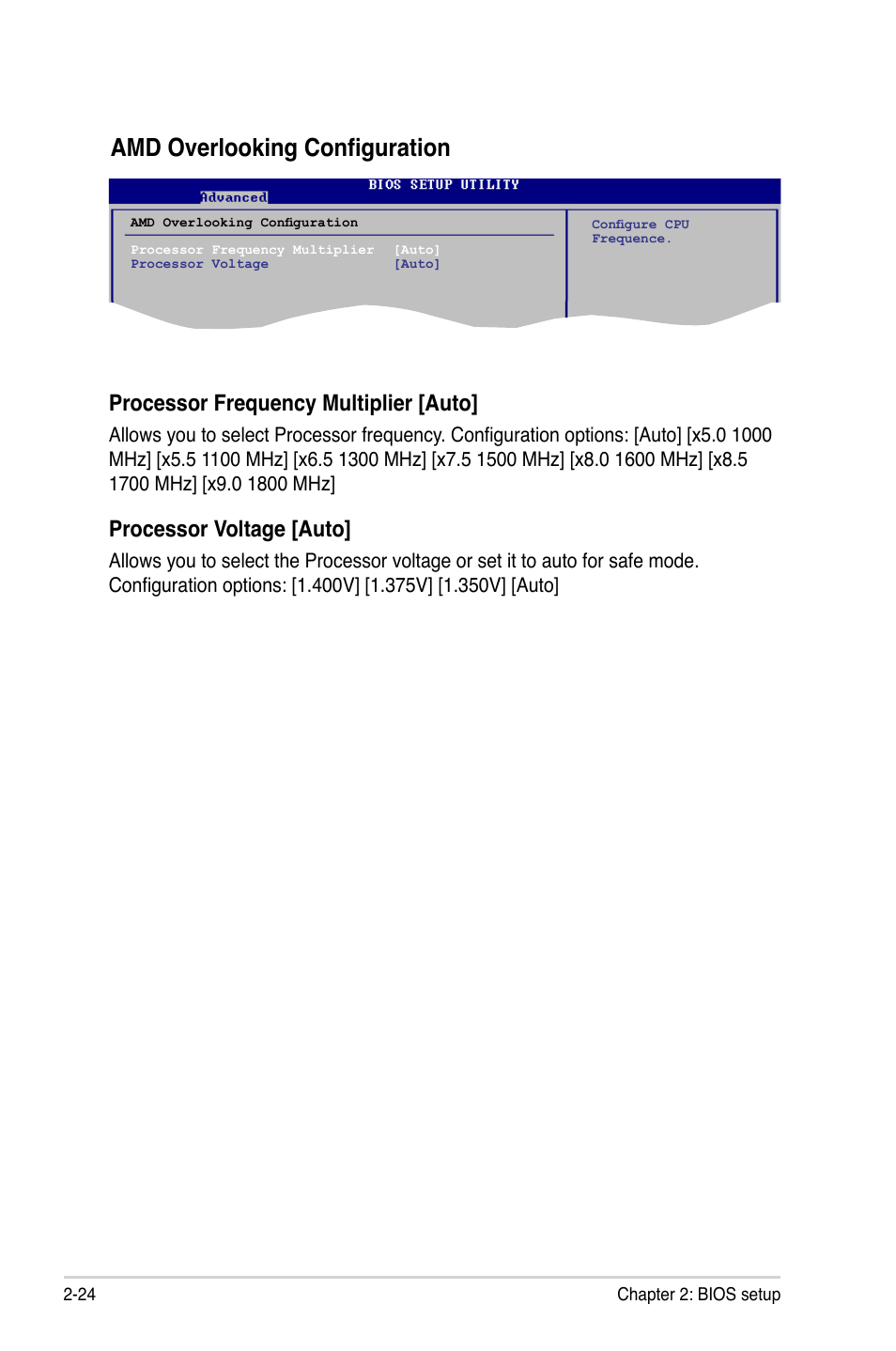 Amd overlooking configuration, Processor frequency multiplier [auto, Processor voltage [auto | Asus M2N-VM HDMI User Manual | Page 70 / 98