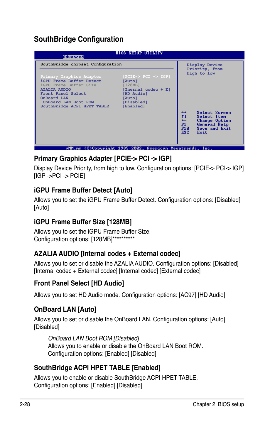 Southbridge configuration, Primary graphics adapter [pcie-> pci -> igp, Igpu frame buffer detect [auto | Igpu frame buffer size [128mb, Azalia audio [internal codes + external codec, Front panel select [hd audio, Onboard lan [auto, Southbridge acpi hpet table [enabled | Asus M2N-VM HDMI User Manual | Page 74 / 98