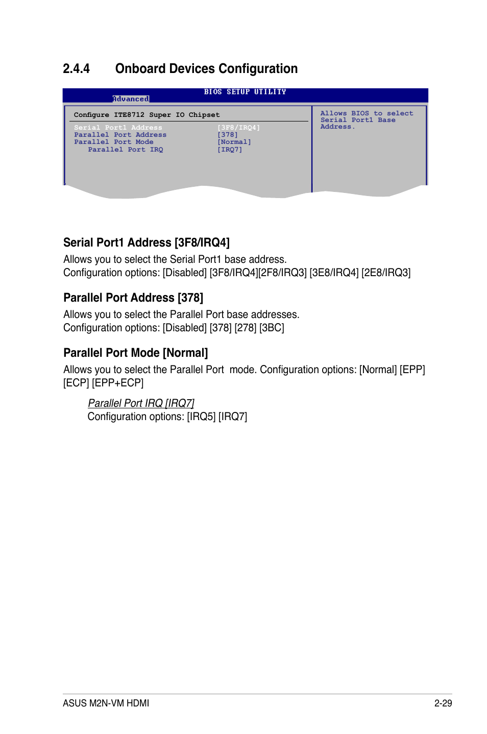 4 onboard devices configuration, Serial port1 address [3f8/irq4, Parallel port address [378 | Parallel port mode [normal | Asus M2N-VM HDMI User Manual | Page 75 / 98