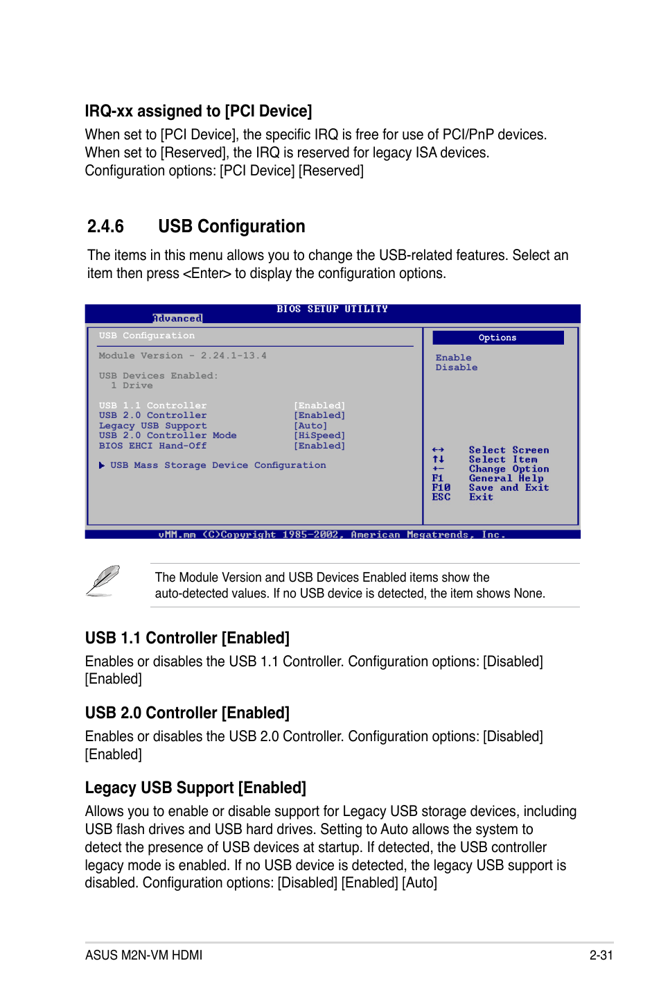 6 usb configuration, Irq-xx assigned to [pci device, Usb 1.1 controller [enabled | Usb 2.0 controller [enabled, Legacy usb support [enabled | Asus M2N-VM HDMI User Manual | Page 77 / 98