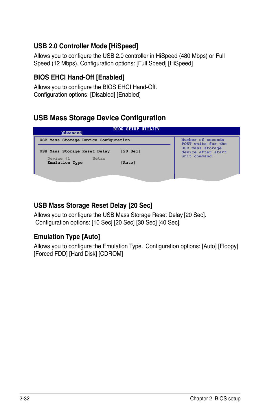 Usb mass storage device configuration, Usb 2.0 controller mode [hispeed, Bios ehci hand-off [enabled | Usb mass storage reset delay [20 sec, Emulation type [auto | Asus M2N-VM HDMI User Manual | Page 78 / 98