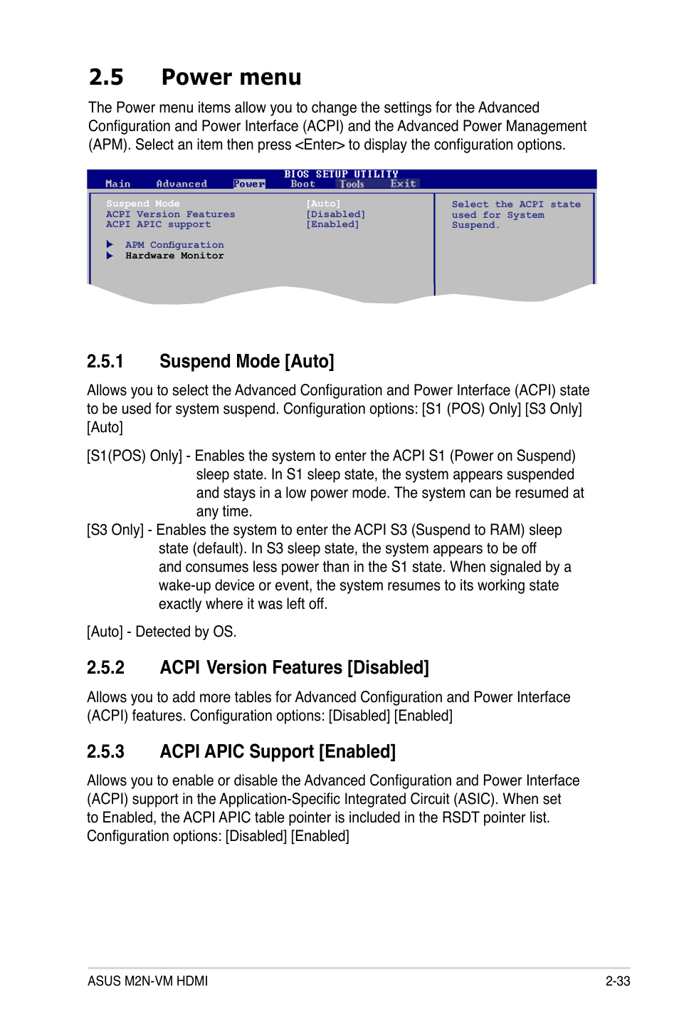 5 power menu, 1 suspend mode [auto, 2 acpi | Version features [disabled, 3 acpi apic support [enabled | Asus M2N-VM HDMI User Manual | Page 79 / 98