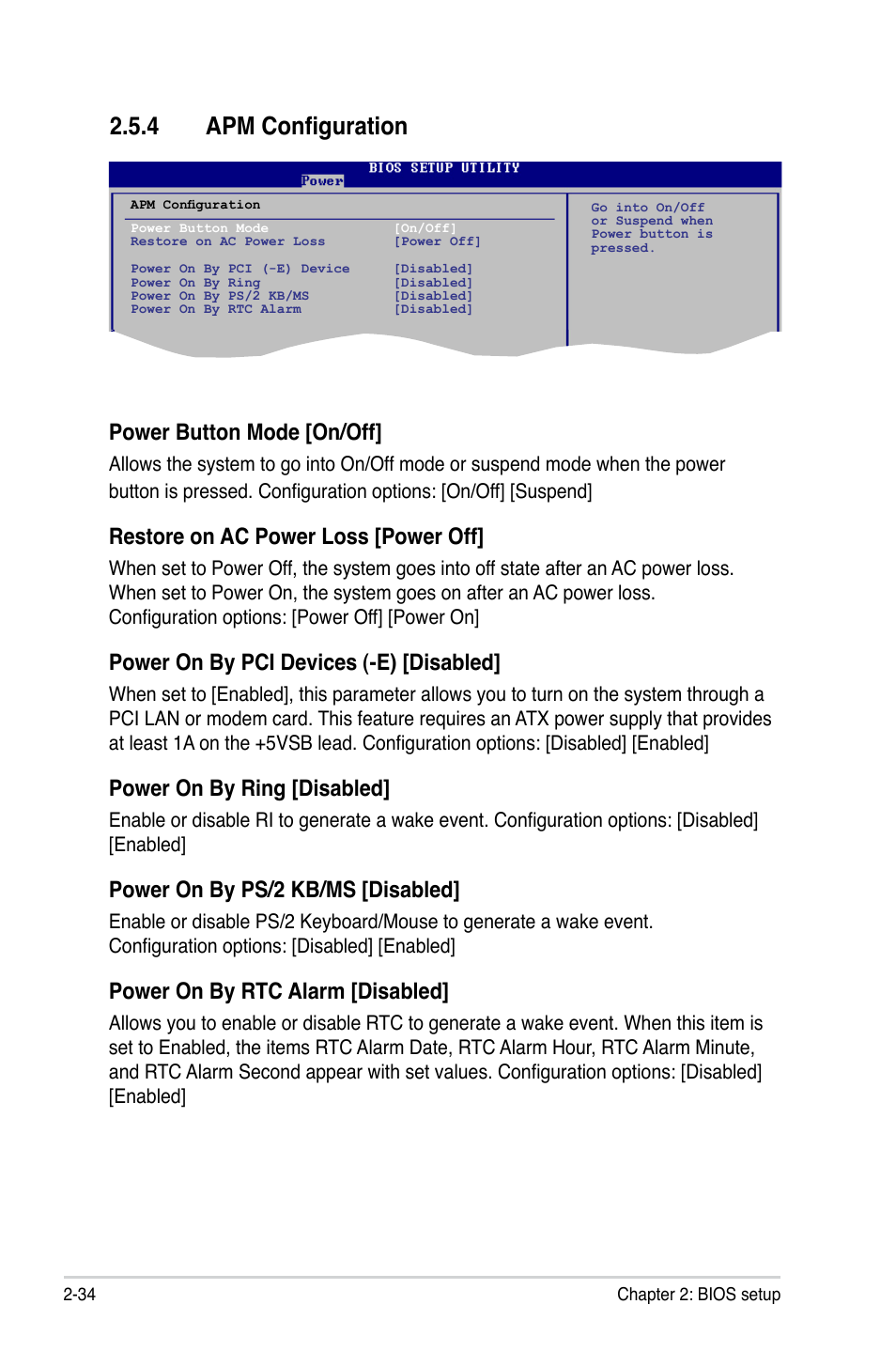 4 apm configuration, Power button mode [on/off, Restore on ac power loss [power off | Power on by pci devices (-e) [disabled, Power on by ring [disabled, Power on by ps/2 kb/ms [disabled, Power on by rtc alarm [disabled | Asus M2N-VM HDMI User Manual | Page 80 / 98