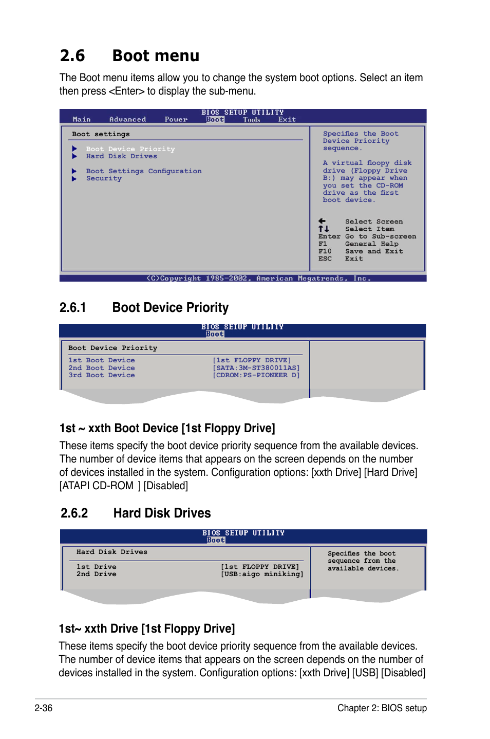 6 boot menu, 1 boot device priority, 2 hard disk drives | 1st ~ xxth boot device [1st floppy drive, 1st~ xxth drive [1st floppy drive, Disabled | Asus M2N-VM HDMI User Manual | Page 82 / 98