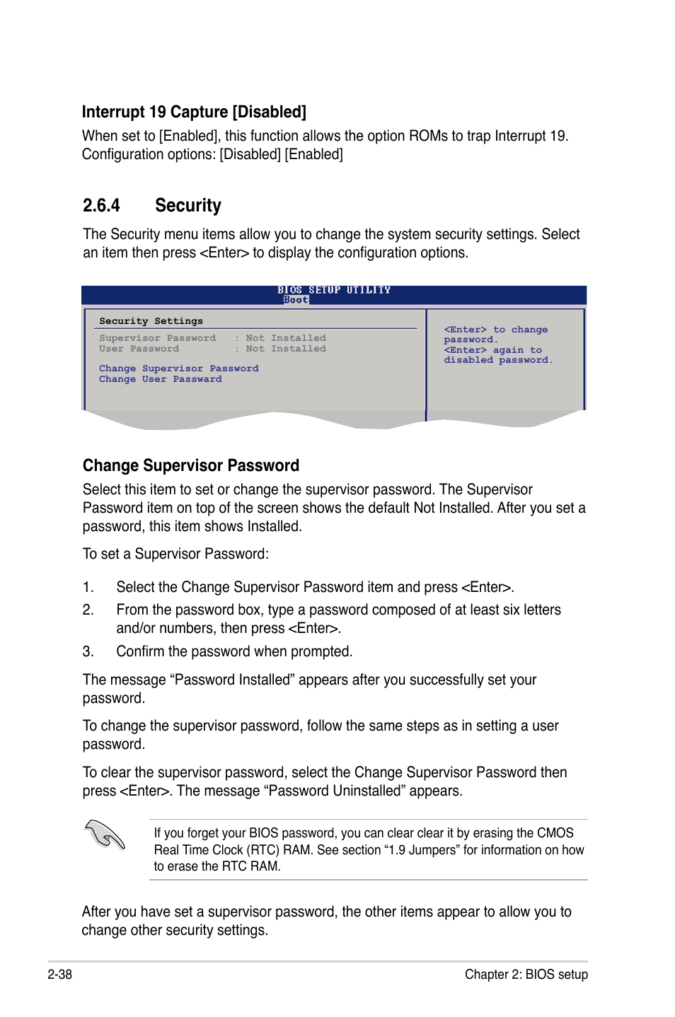 4 security, Interrupt 19 capture [disabled, Change supervisor password | Asus M2N-VM HDMI User Manual | Page 84 / 98