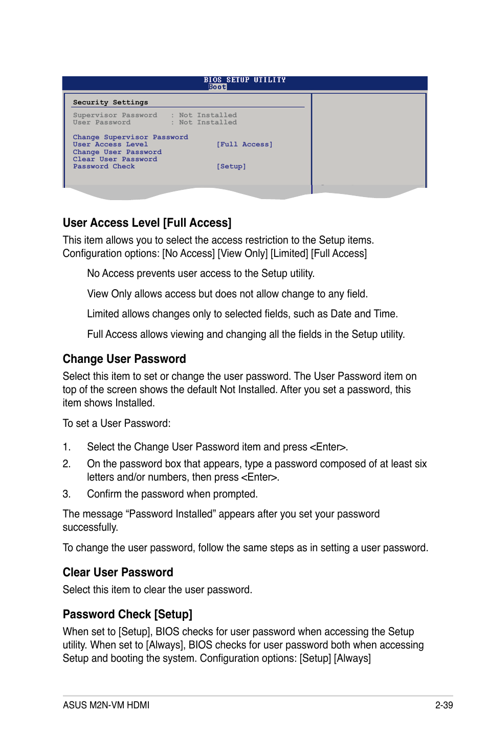 User access level [full access, Change user password, Clear user password | Password check [setup | Asus M2N-VM HDMI User Manual | Page 85 / 98