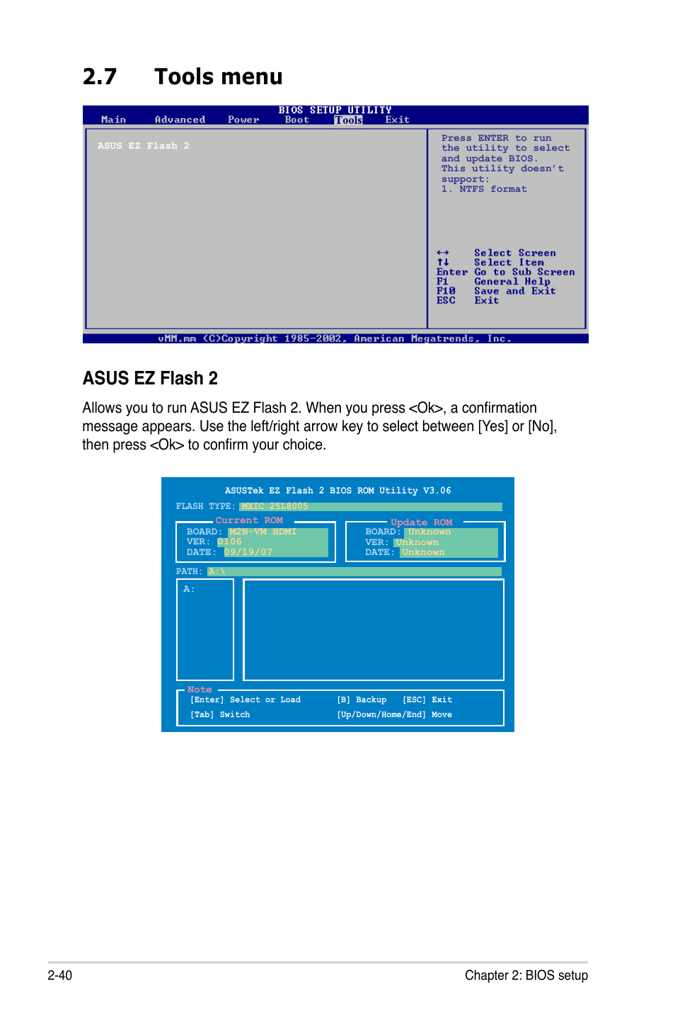 7 tools menu, Asus ez flash 2 | Asus M2N-VM HDMI User Manual | Page 86 / 98