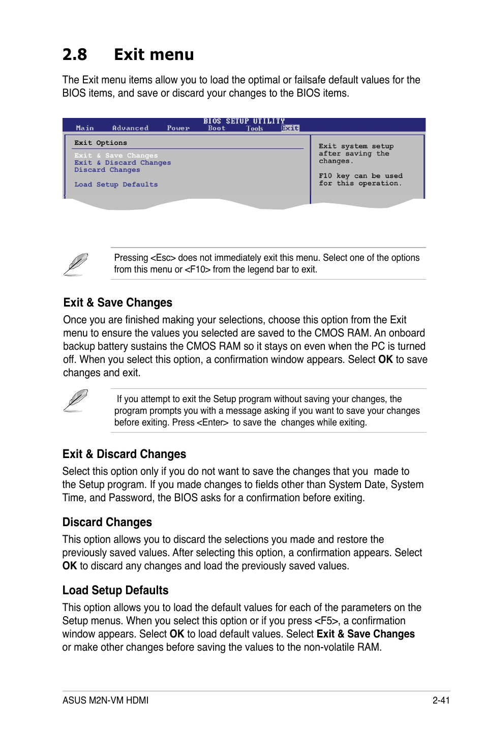 8 exit menu, Exit & discard changes, Discard changes | Load setup defaults, Exit & save changes | Asus M2N-VM HDMI User Manual | Page 87 / 98