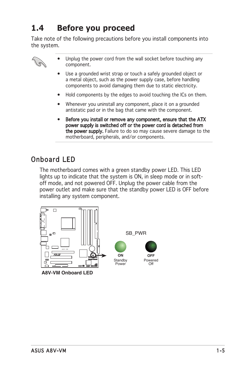 4 before you proceed, Onboard led | Asus A8V-VM User Manual | Page 17 / 84