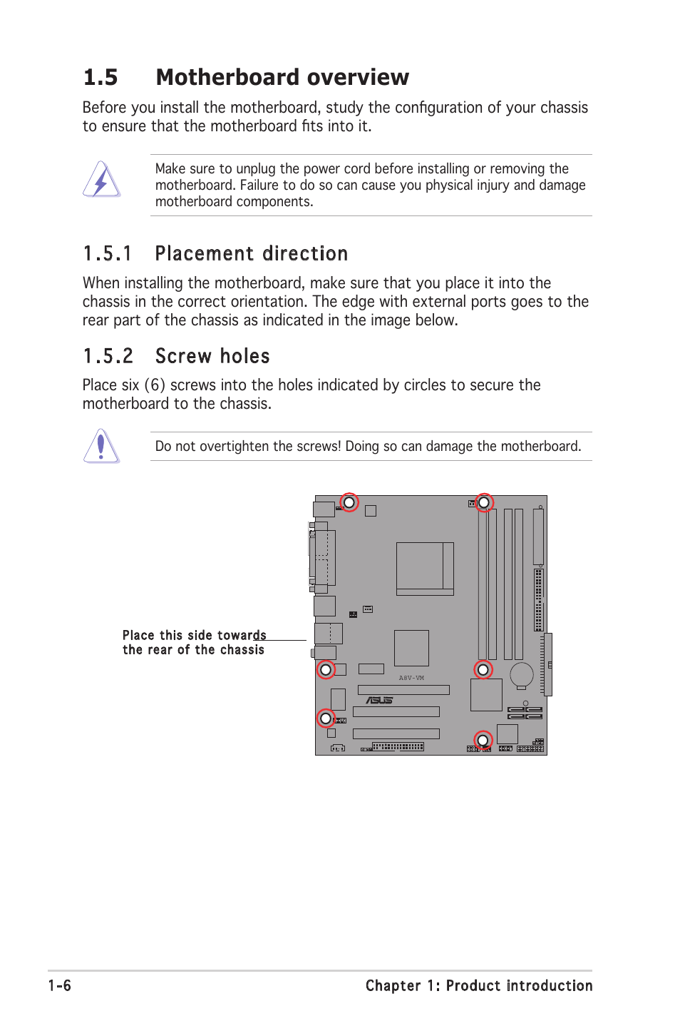 5 motherboard overview, 1 placement direction,  screw holes | Asus A8V-VM User Manual | Page 18 / 84