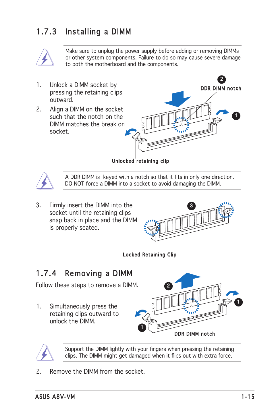 .4 removing a dimm, .3 installing a dimm | Asus A8V-VM User Manual | Page 27 / 84