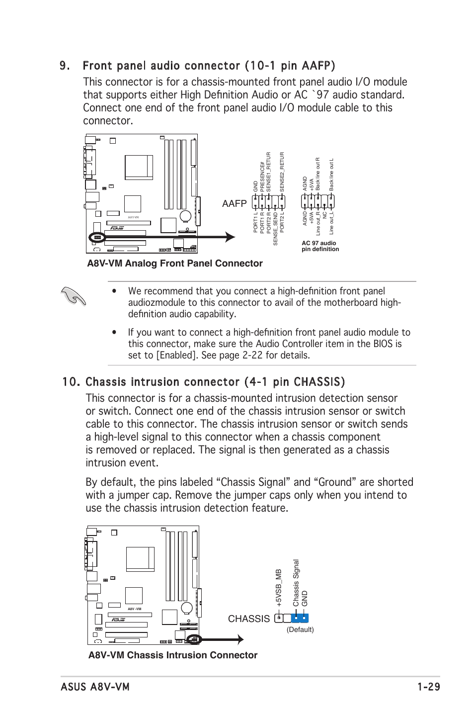 A8v-vm analog front panel connector, Aafp, A8v-vm chassis intrusion connector | Chassis | Asus A8V-VM User Manual | Page 41 / 84