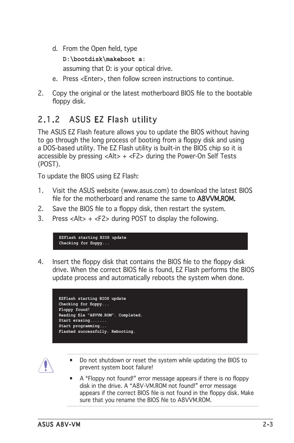 2 asus ez flash utility | Asus A8V-VM User Manual | Page 45 / 84