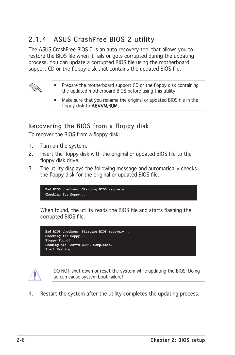 4 asus crashfree bios 2 utility, Recovering the bios from a floppy disk | Asus A8V-VM User Manual | Page 48 / 84