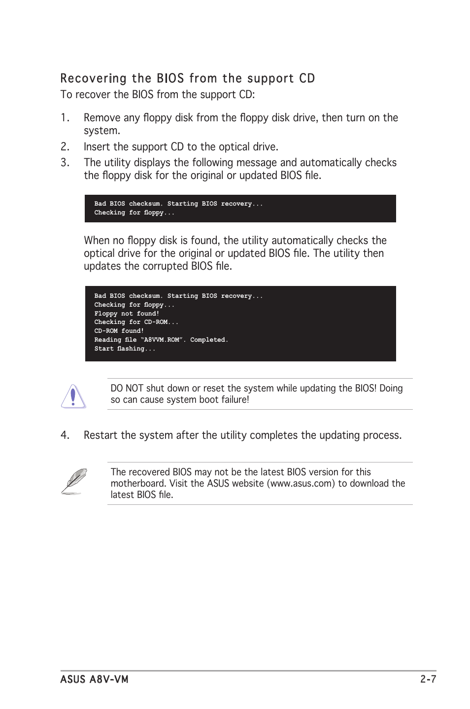 Recovering the bios from the support cd | Asus A8V-VM User Manual | Page 49 / 84