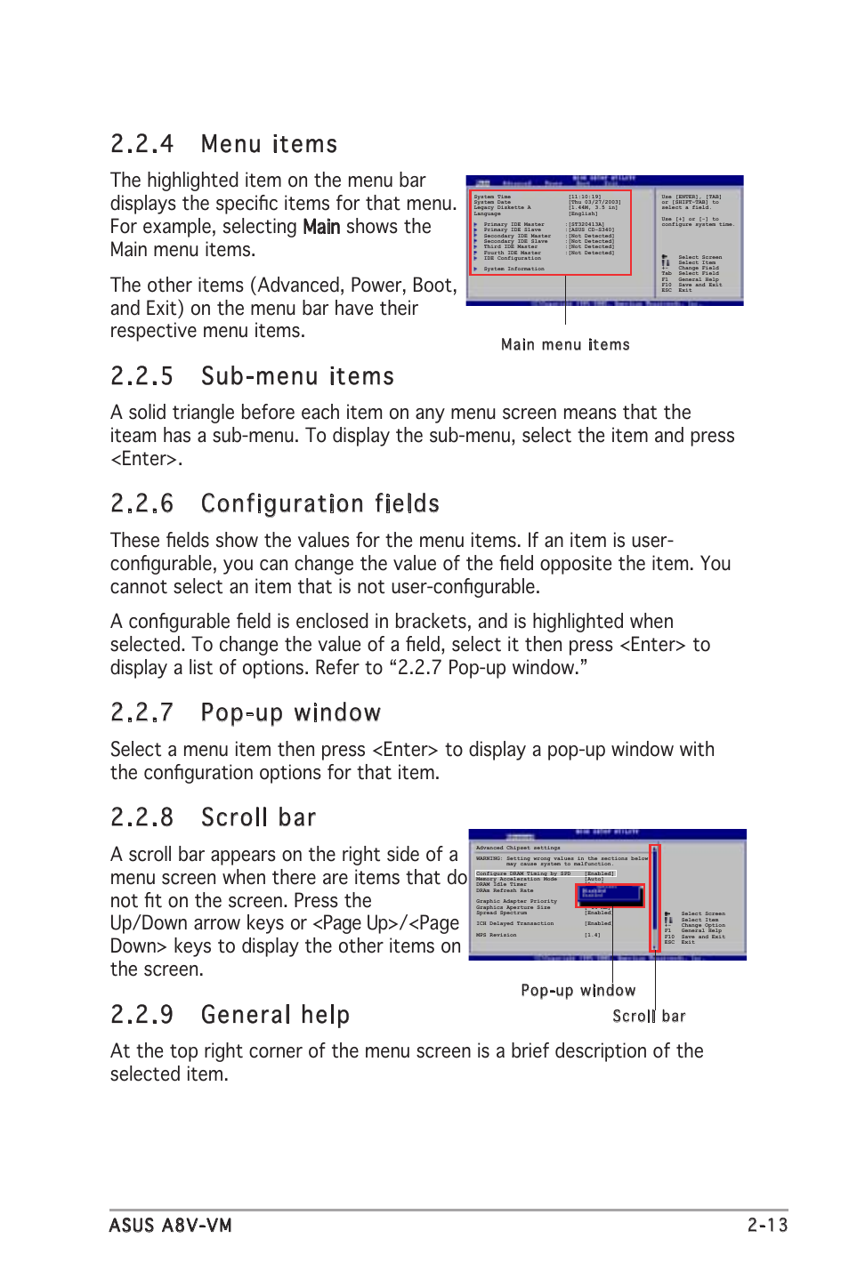 4 menu items,  sub-menu items,  configuration fields | 7 pop-up window, 8 scroll bar,  general help, Asus a8v-vm 2-13 | Asus A8V-VM User Manual | Page 55 / 84