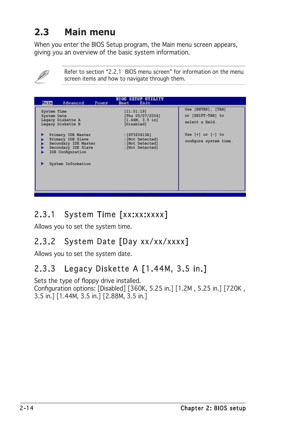 3 main menu, Allows you to set the system time, Allows you to set the system date | Asus A8V-VM User Manual | Page 56 / 84