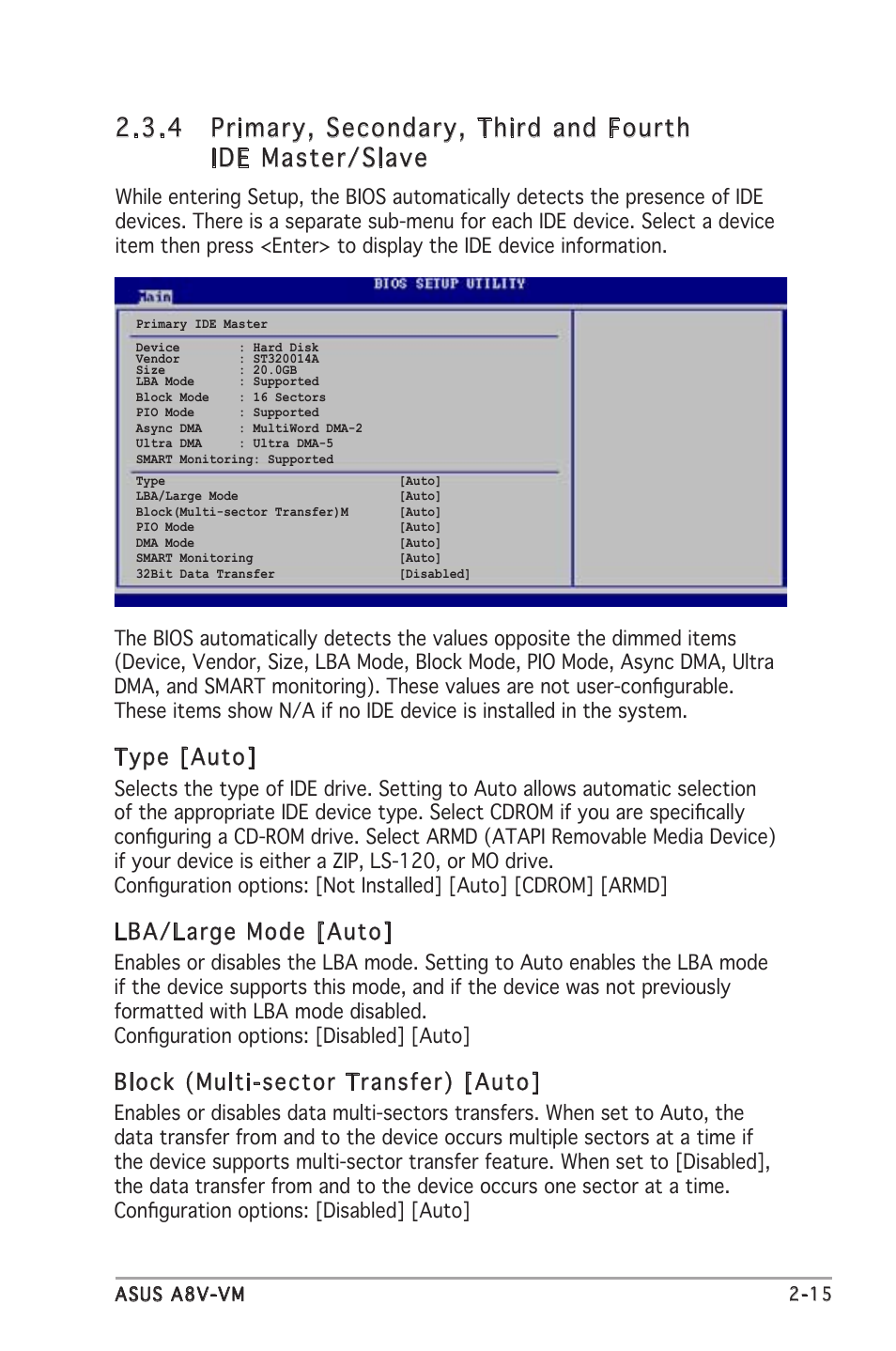 Type [auto, Lba/large mode [auto, Block (multi-sector transfer) [auto | Asus A8V-VM User Manual | Page 57 / 84