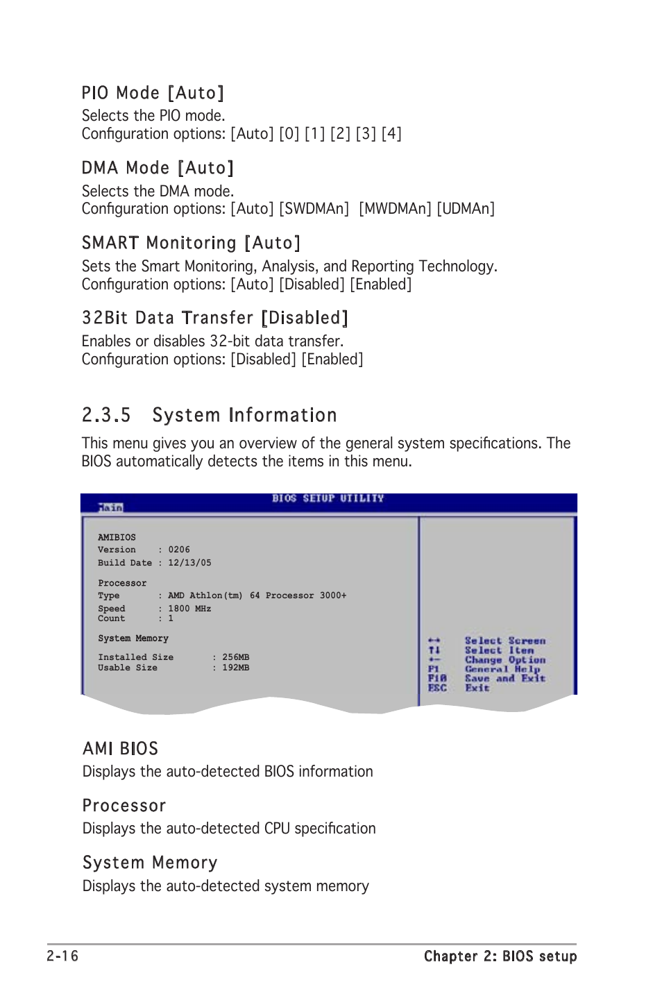  system information, Ami bios, Processor | Pio mode [auto, Dma mode [auto, Smart monitoring [auto, 32bit data transfer [disabled | Asus A8V-VM User Manual | Page 58 / 84