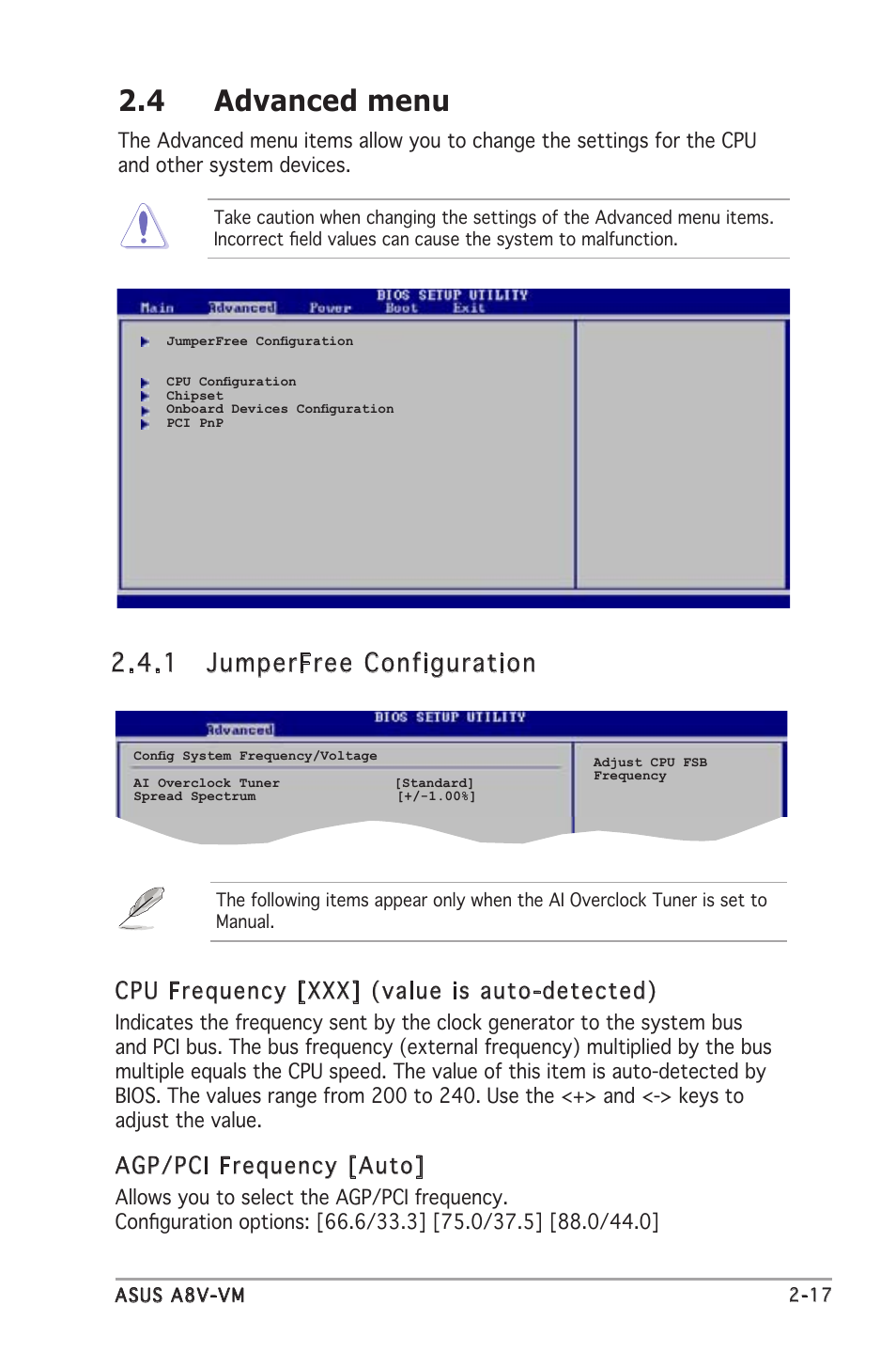 4 advanced menu, 1 jumperfree configuration, Cpu frequency [xxx] (value is auto-detected) | Agp/pci frequency [auto | Asus A8V-VM User Manual | Page 59 / 84