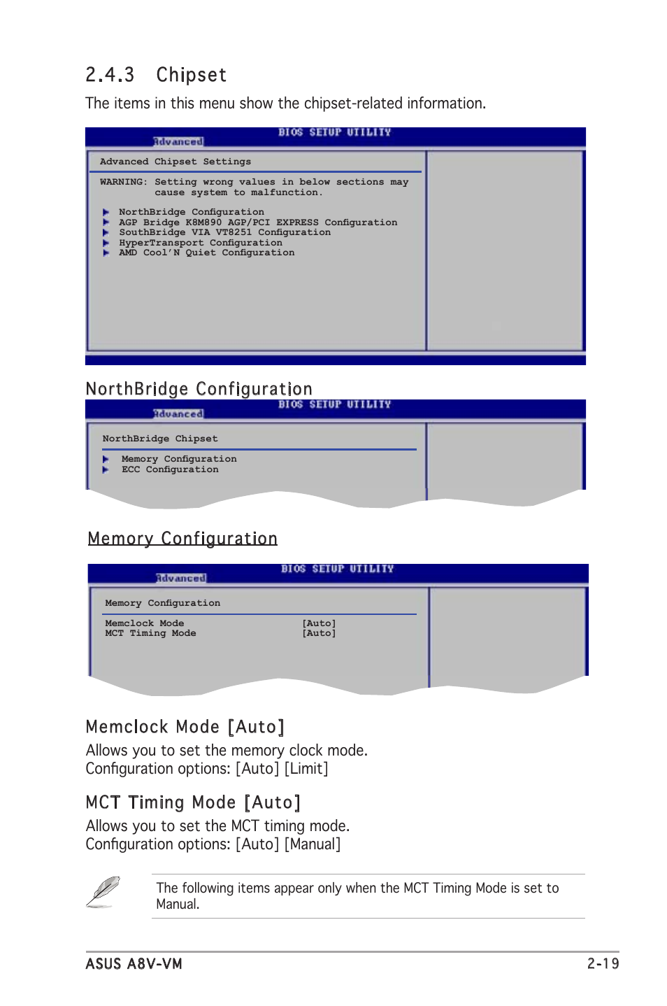 3 chipset, Mct timing mode [auto | Asus A8V-VM User Manual | Page 61 / 84