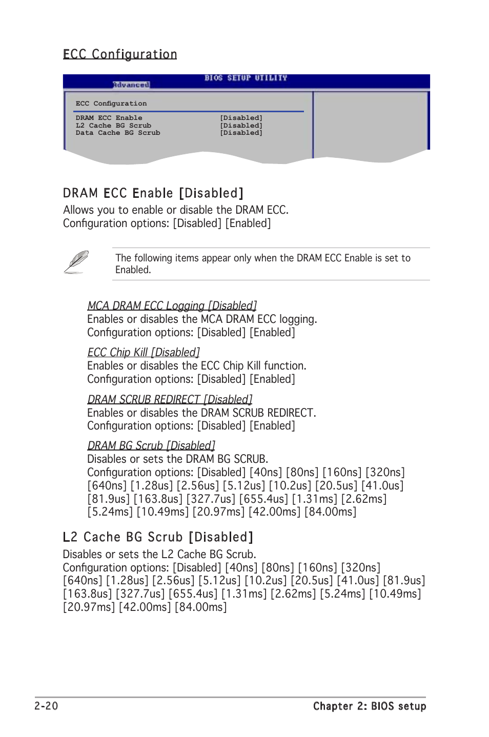 Ecc configuration dram ecc enable [disabled, L2 cache bg scrub [disabled | Asus A8V-VM User Manual | Page 62 / 84