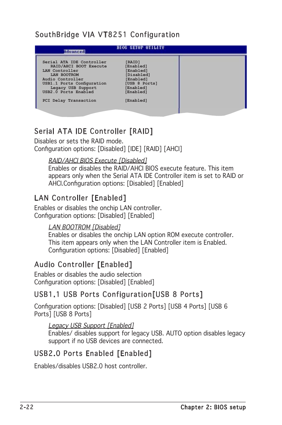 Lan controller [enabled, Audio controller [enabled, Usb1.1 usb ports configuration[usb 8 ports | Usb2.0 ports enabled [enabled | Asus A8V-VM User Manual | Page 64 / 84