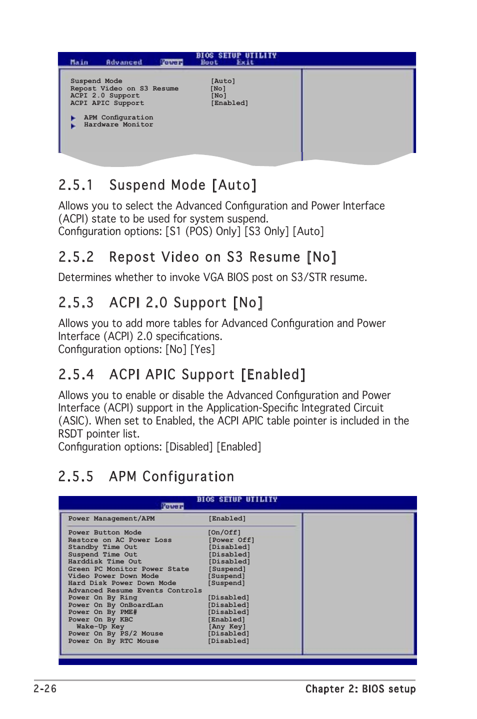 5 apm configuration, 1 suspend mode [auto, 2 repost video on s3 resume [no | 3 acpi 2.0 support [no, 4 acpi apic support [enabled | Asus A8V-VM User Manual | Page 68 / 84