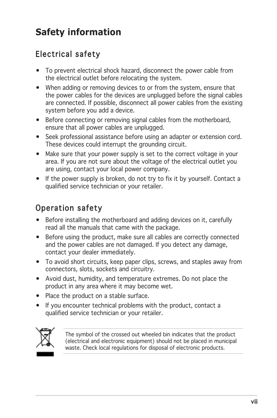 Safety information, Electrical safety, Operation safety | Asus A8V-VM User Manual | Page 7 / 84