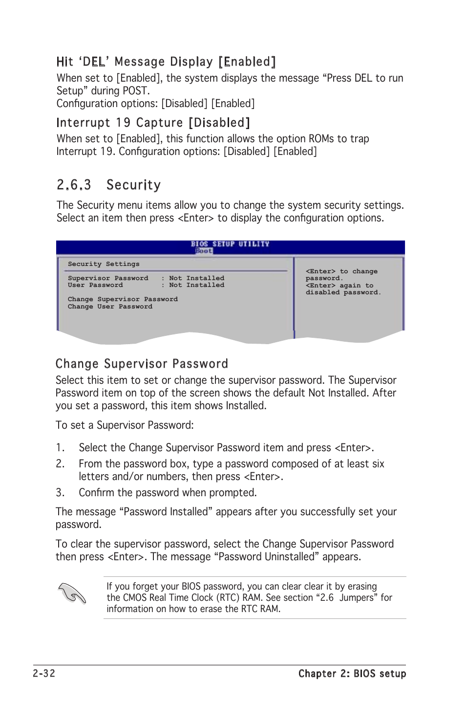 .3 security, Interrupt 19 capture [disabled, Change supervisor password | Hit ‘del’ message display [enabled | Asus A8V-VM User Manual | Page 74 / 84