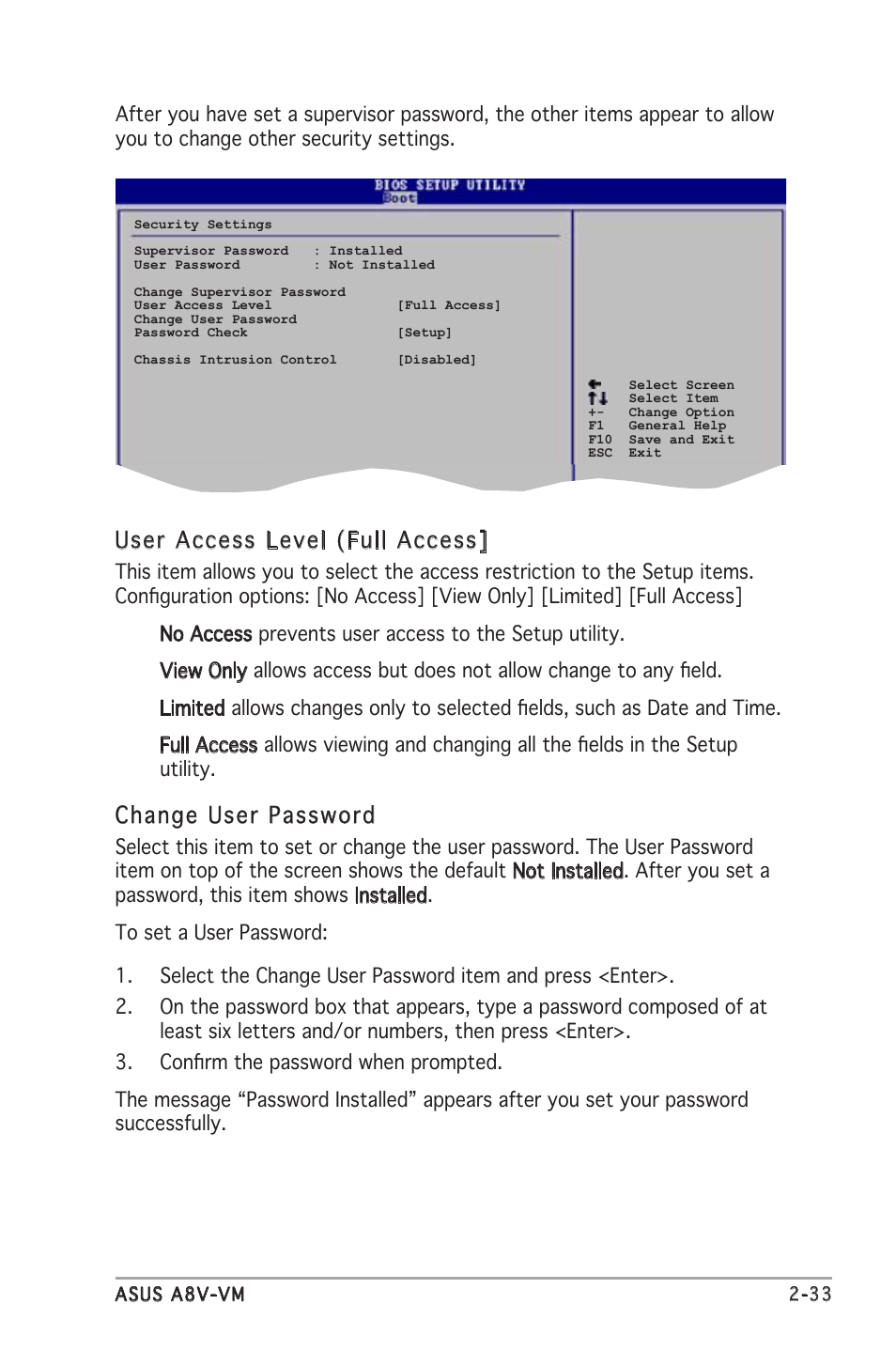 User access level (full access, Change user password | Asus A8V-VM User Manual | Page 75 / 84